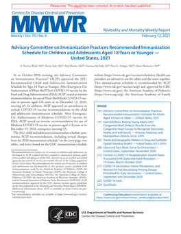 MMWR, Volume 70, Issue 6 — February 12, 2021