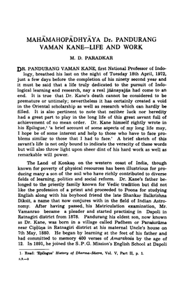 MAHAMAHOPADHYAYA Dr. PANDURANG V AMAN KANE-LIFE and WORK