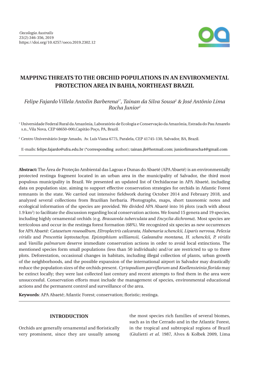 Mapping Threats to the Orchid Populations in an Environmental Protection Area in Bahia, Northeast Brazil