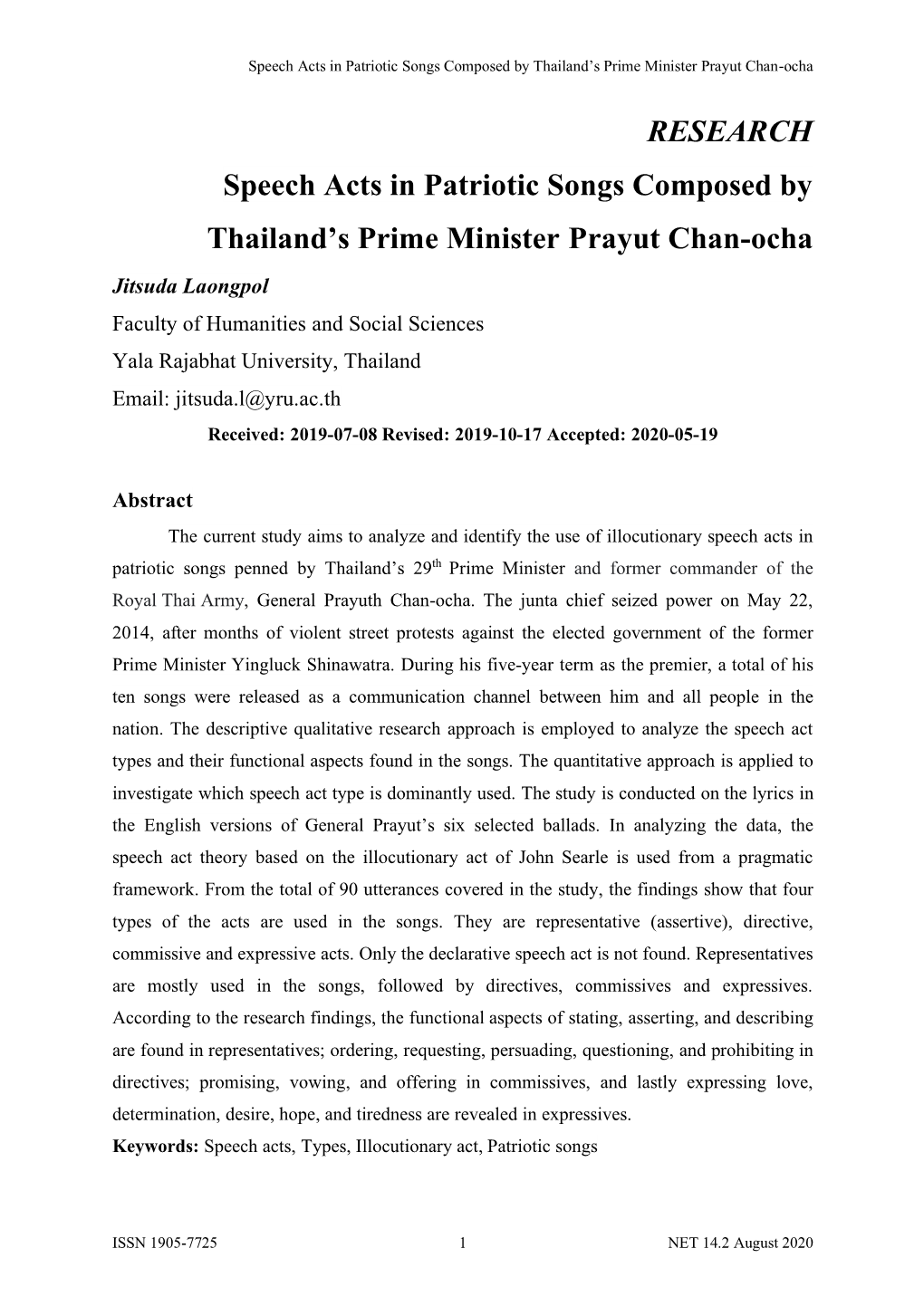 RESEARCH Speech Acts in Patriotic Songs Composed by Thailand's Prime Minister Prayut Chan-Ocha