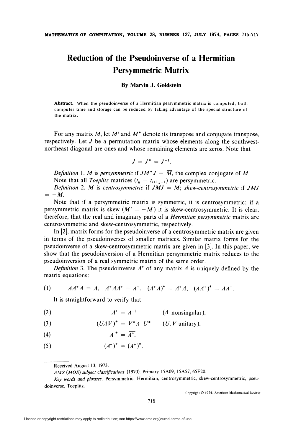 Reduction of the Pseudoinverse of a Hermitian Persymmetric Matrix