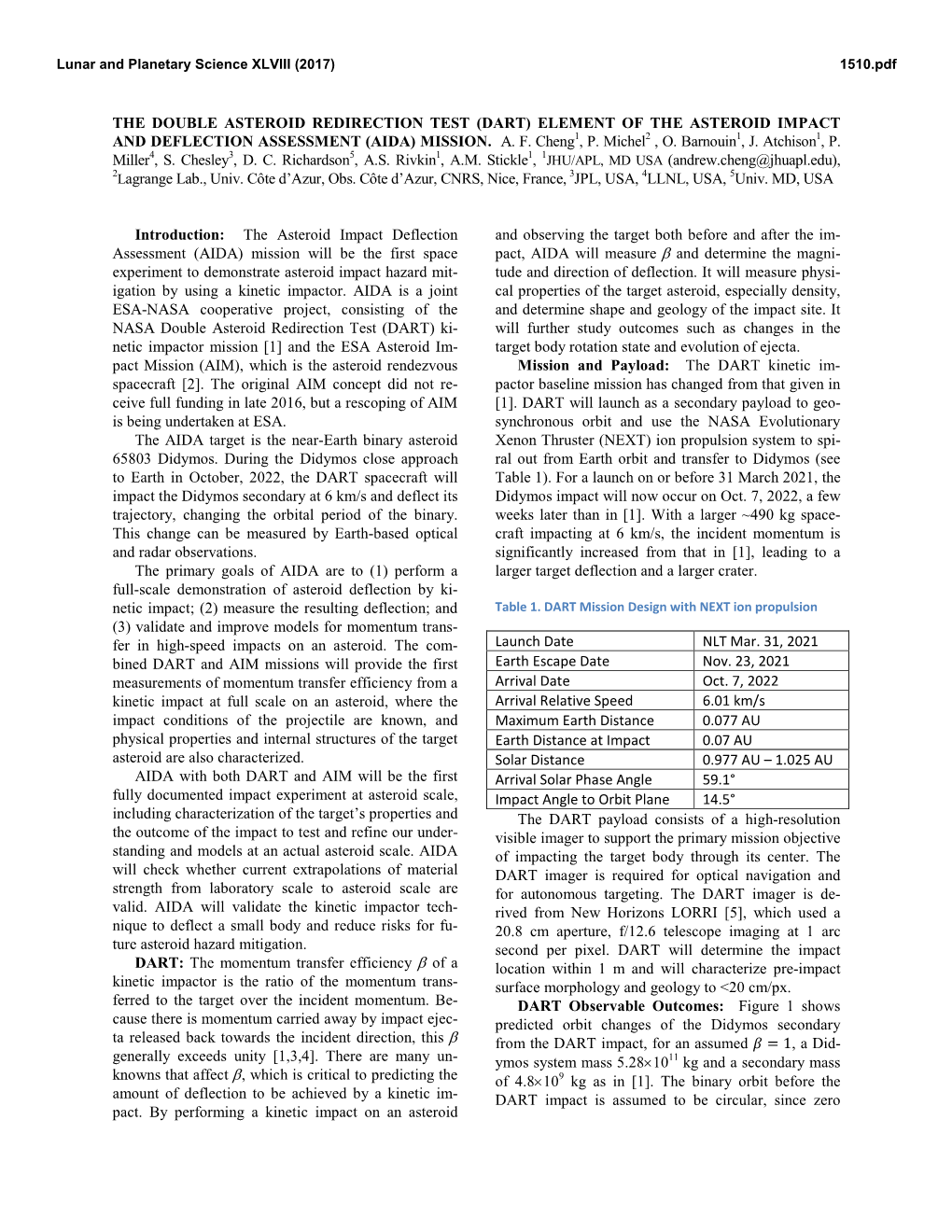 (Dart) Element of the Asteroid Impact and Deflection Assessment (Aida) Mission