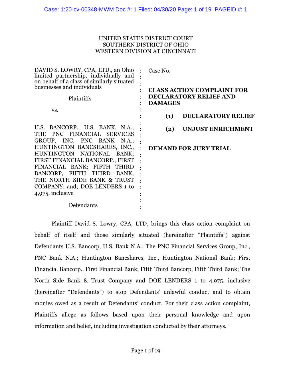 1:20-Cv-00348-MWM Doc #: 1 Filed: 04/30/20 Page: 1 of 19 PAGEID #: 1