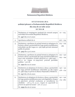 S T E N O G R a M a Ședinței Plenare a Parlamentului Republicii Moldova Din Ziua De 20 Iulie 2020 S U M a R