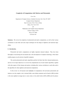 Complexity of Computations with Matrices and Polynomials