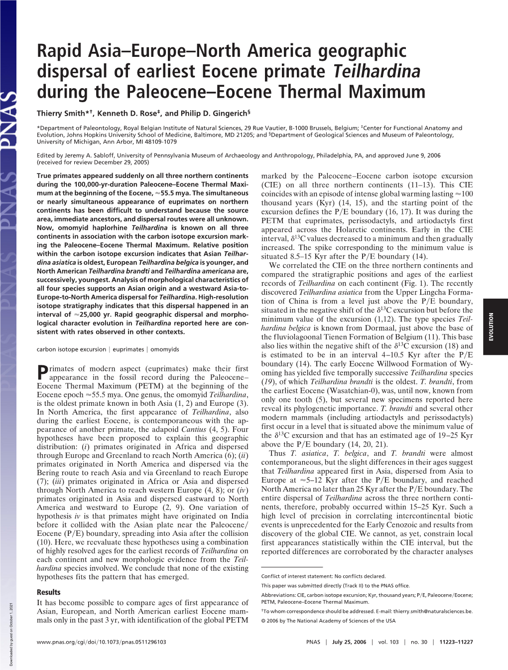 Rapid Asia–Europe–North America Geographic Dispersal of Earliest Eocene Primate Teilhardina During the Paleocene–Eocene Thermal Maximum