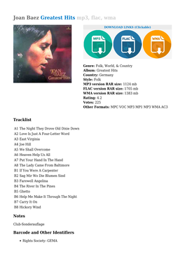 Joan Baez Greatest Hits Mp3, Flac, Wma
