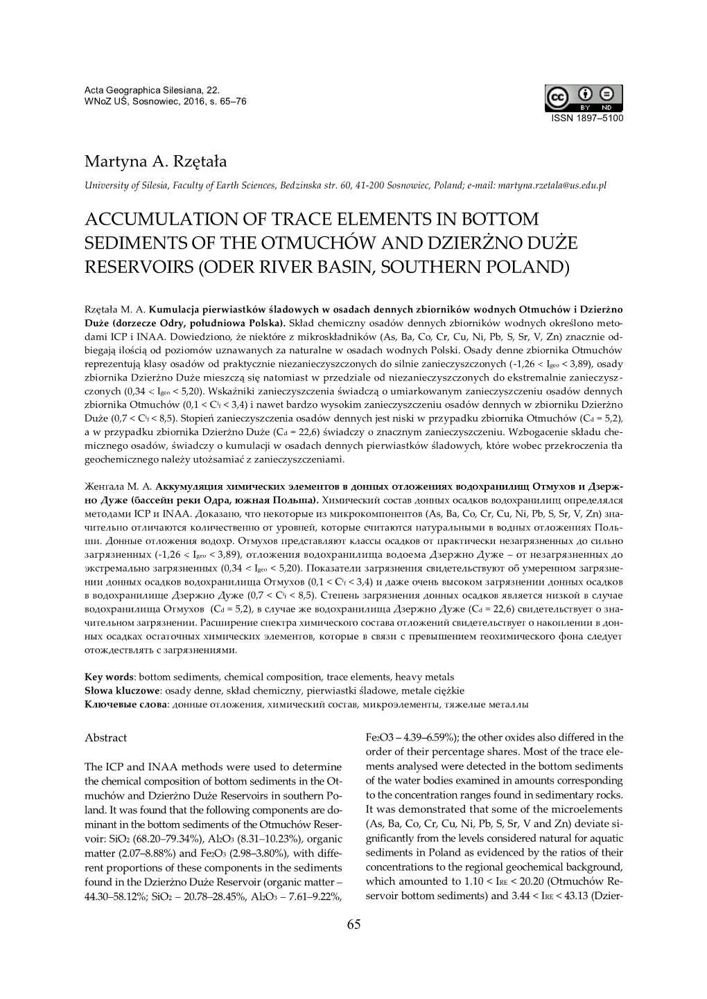 Accumulation of Trace Elements in Bottom Sediments of the Otmuchów and Dzierżno Duże Reservoirs (Oder River Basin, Southern Poland)