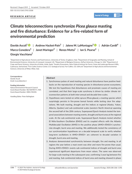 Climate Teleconnections Synchronize Picea Glauca Masting and Fire Disturbance: Evidence for a Fire‐Related Form of Environmental Prediction