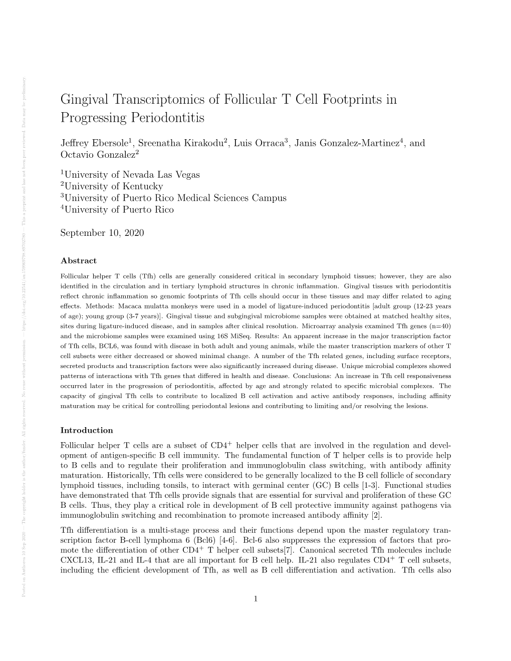 Gingival Transcriptomics of Follicular T Cell Footprints in Progressing