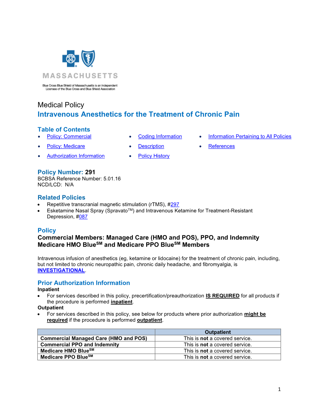 291 BCBSA Reference Number: 5.01.16 NCD/LCD: N/A