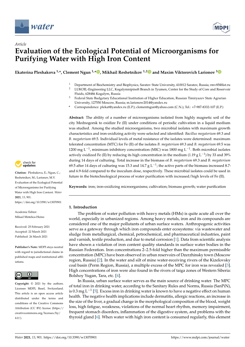 Evaluation of the Ecological Potential of Microorganisms for Purifying Water with High Iron Content