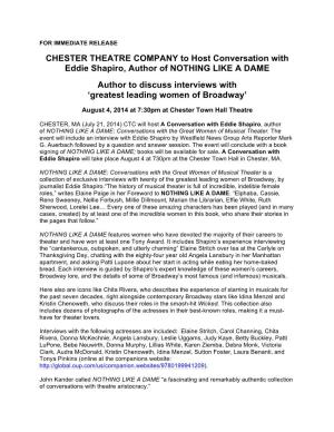 CHESTER THEATRE COMPANY to Host Conversation with Eddie Shapiro, Author of NOTHING LIKE a DAME Author to Discuss Interviews with ‘Greatest Leading Women of Broadway’