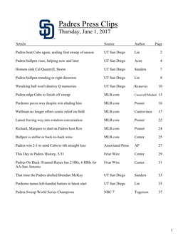 Padres Press Clips Thursday, June 1, 2017