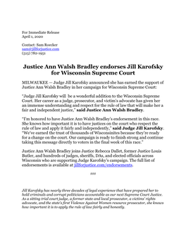 Justice Ann Walsh Bradley Endorses Jill Karofsky for Wisconsin Supreme Court
