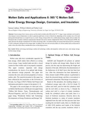 565 °C Molten Salt Solar Energy Storage Design, Corrosion, and Insulation