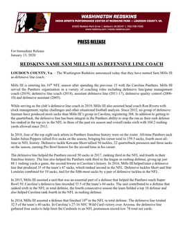 Press Release Redskins Name Sam Mills Iii As