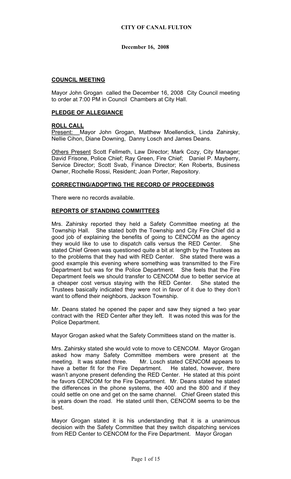 CITY of CANAL FULTON December 16, 2008 Page 1 of 15