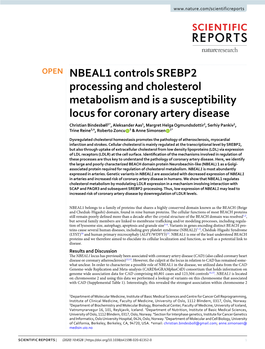 NBEAL1 Controls SREBP2 Processing and Cholesterol Metabolism and Is