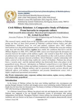 Civil-Military Relations: a Comparative Study of Pakistan: from Barracks
