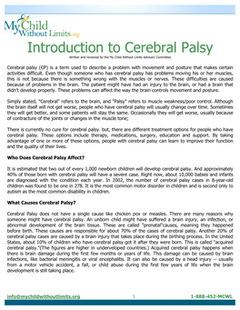 Introduction to Cerebral Palsy Written and Reviewed by the My Child Without Limits Advisory Committee