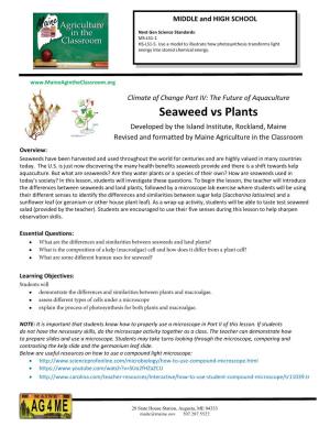 Seaweed Vs Plants Developed by the Island Institute, Rockland, Maine Revised and Formatted by Maine Agriculture in the Classroom