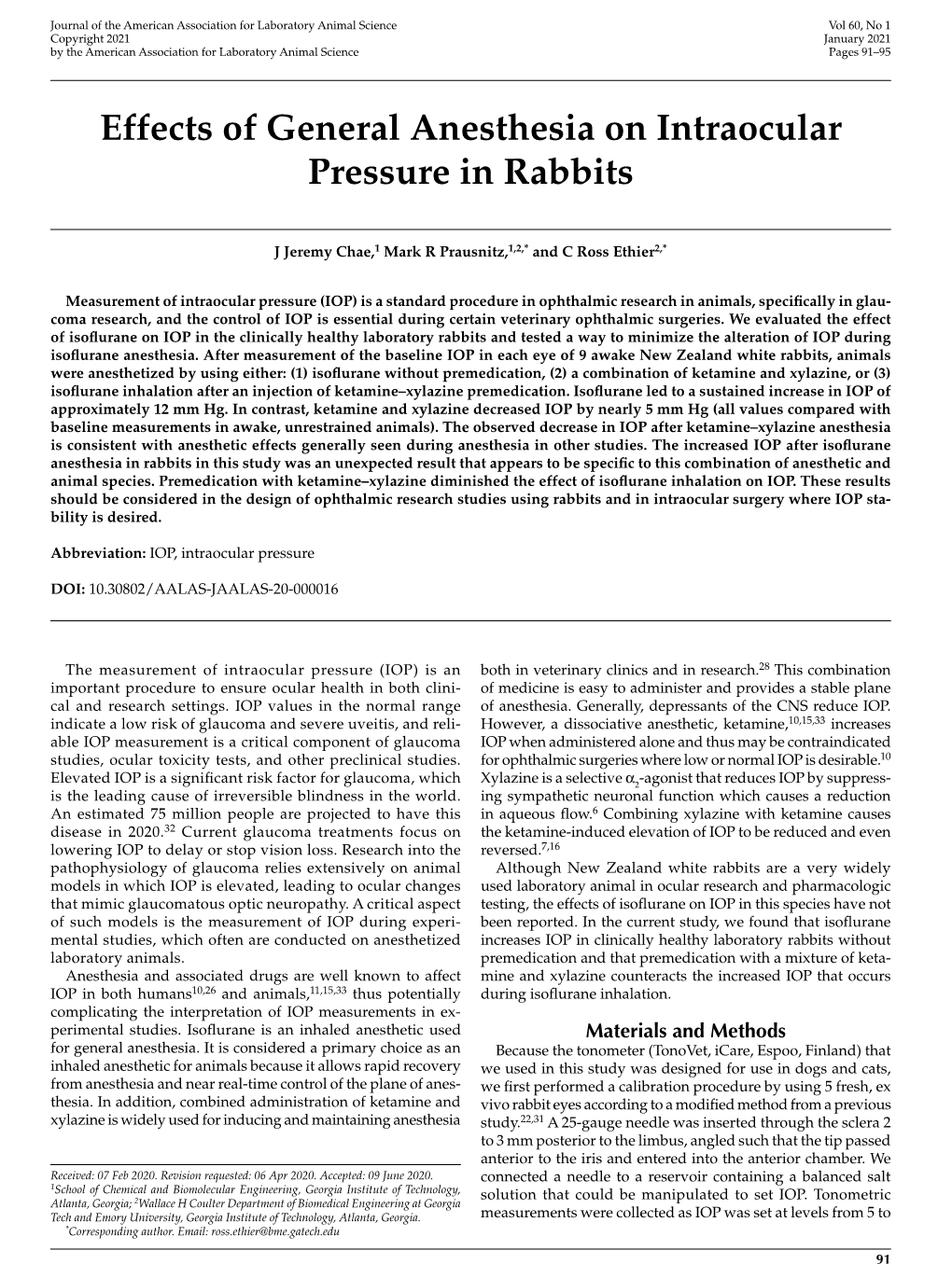 Effects of General Anesthesia on Intraocular Pressure in Rabbits