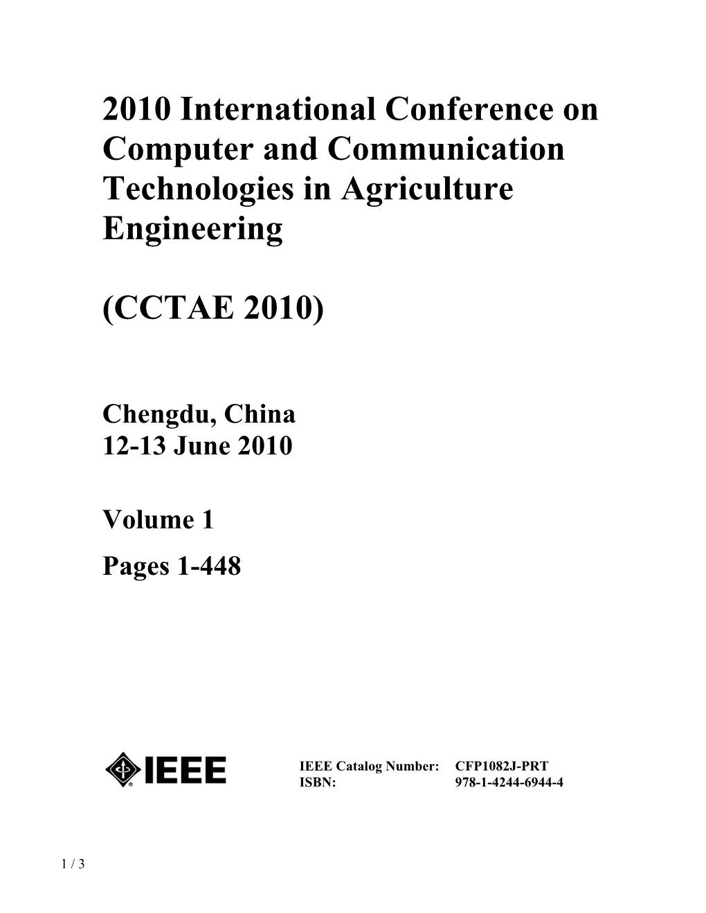 2010 International Conference on Computer and Communication Technologies in Agriculture Engineering