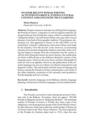 On Some Recent Pomak Writing Activities in Greece: Ethno-Cultural Context and Linguistic Peculiarities