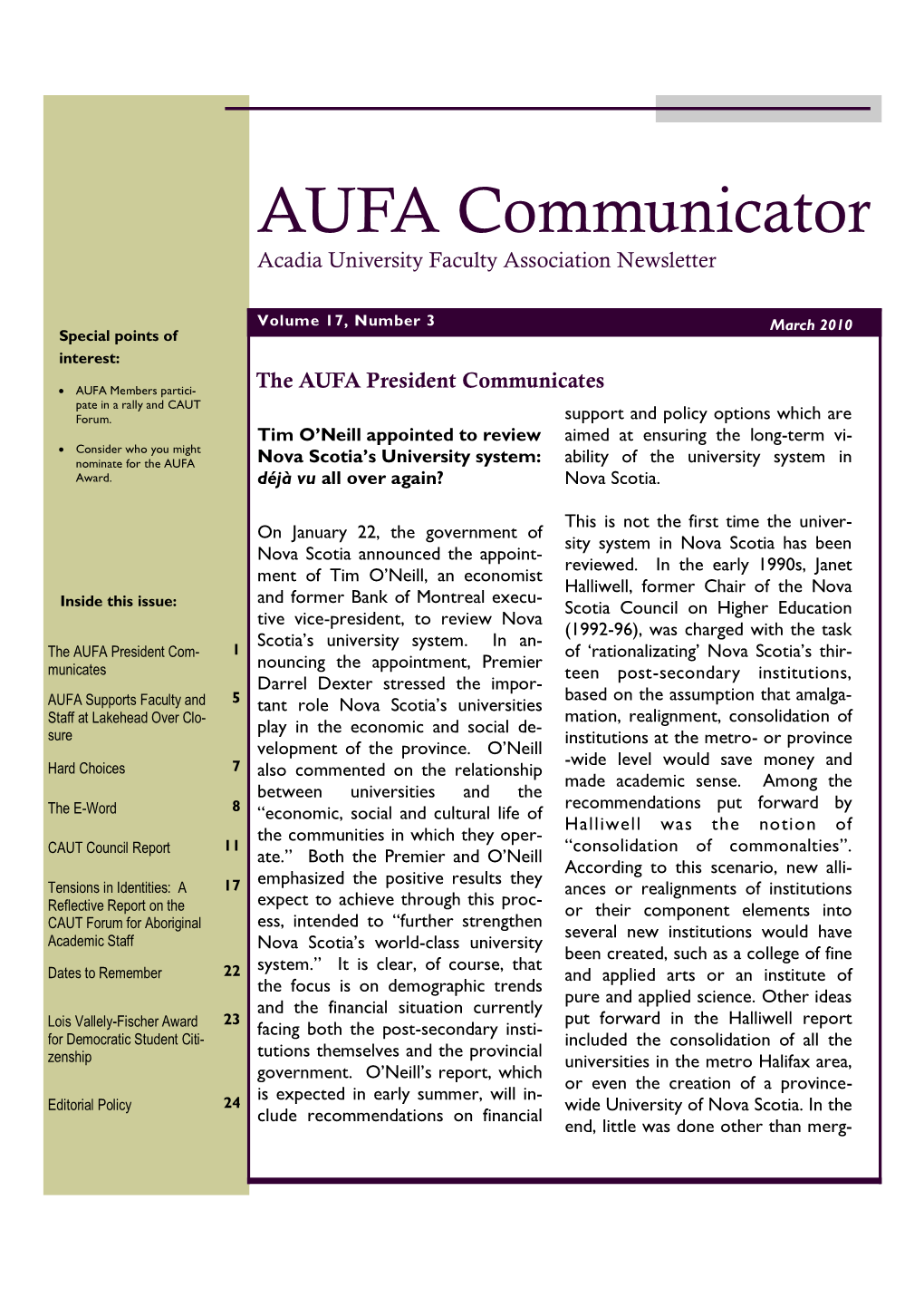 AUFA Communicator Acadia University Faculty Association Newsletter