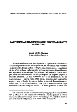 Las Primacías Eclesiásticas En Hispania Durante El Siglo IV