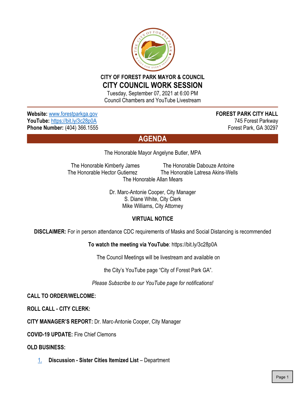 City Council Work Session Agenda 9/7/2021