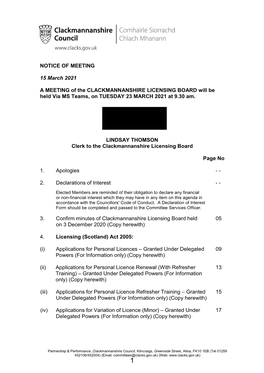 210323 Clackmannanshire Licensing Board Agenda