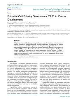 Epithelial Cell Polarity Determinant CRB3 in Cancer Development Pingping Li1, Xiaona Mao1, Yu Ren2, Peijun Liu1
