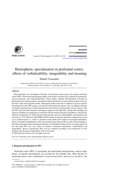 Hemispheric Specialization in Prefrontal Cortex: Effects of Verbalizability, Imageability and Meaning Daniel Casasanto