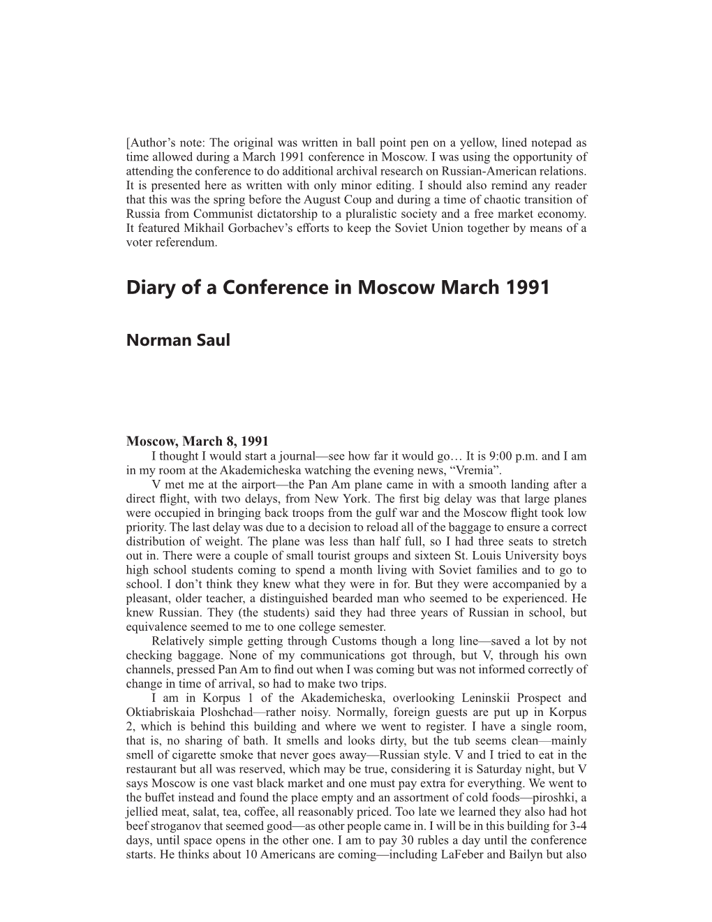 Diary of a Conference in Moscow March 1991