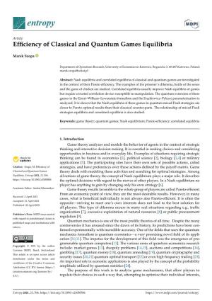 Efficiency of Classical and Quantum Games Equilibria