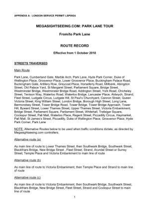 PARK LANE TOUR From/To Park Lane ROUTE RECORD