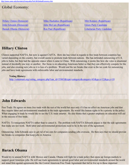 Global Economy: Hillary Clinton John Edwards Barack Obama