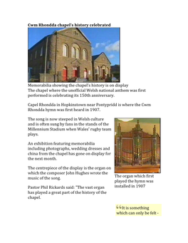 Cwm Rhondda Chapel's History Celebrated