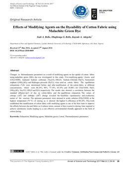 Effects of Modifying Agents on the Dyeability of Cotton Fabric Using Malachite Green Dye