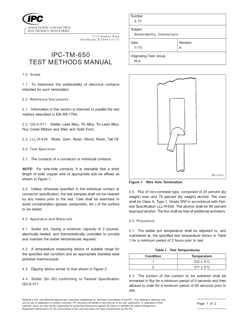 Solderability, Connectors 2215 Sanders Road Northbrook, IL 60062-6135 Date Revision 7/75 A