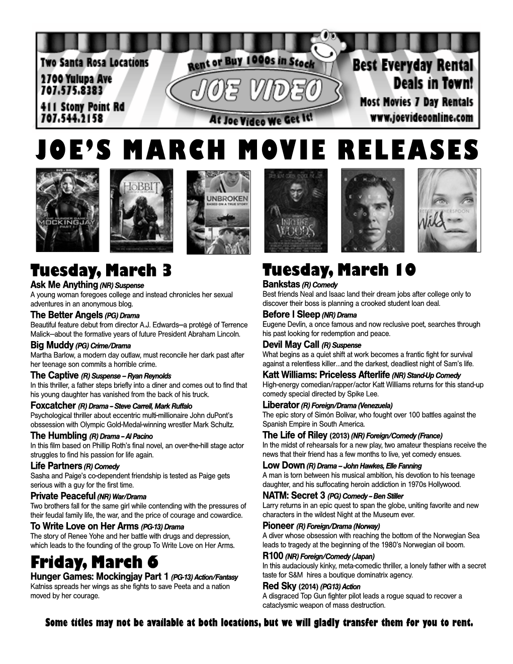 Joe's March Movie Releases