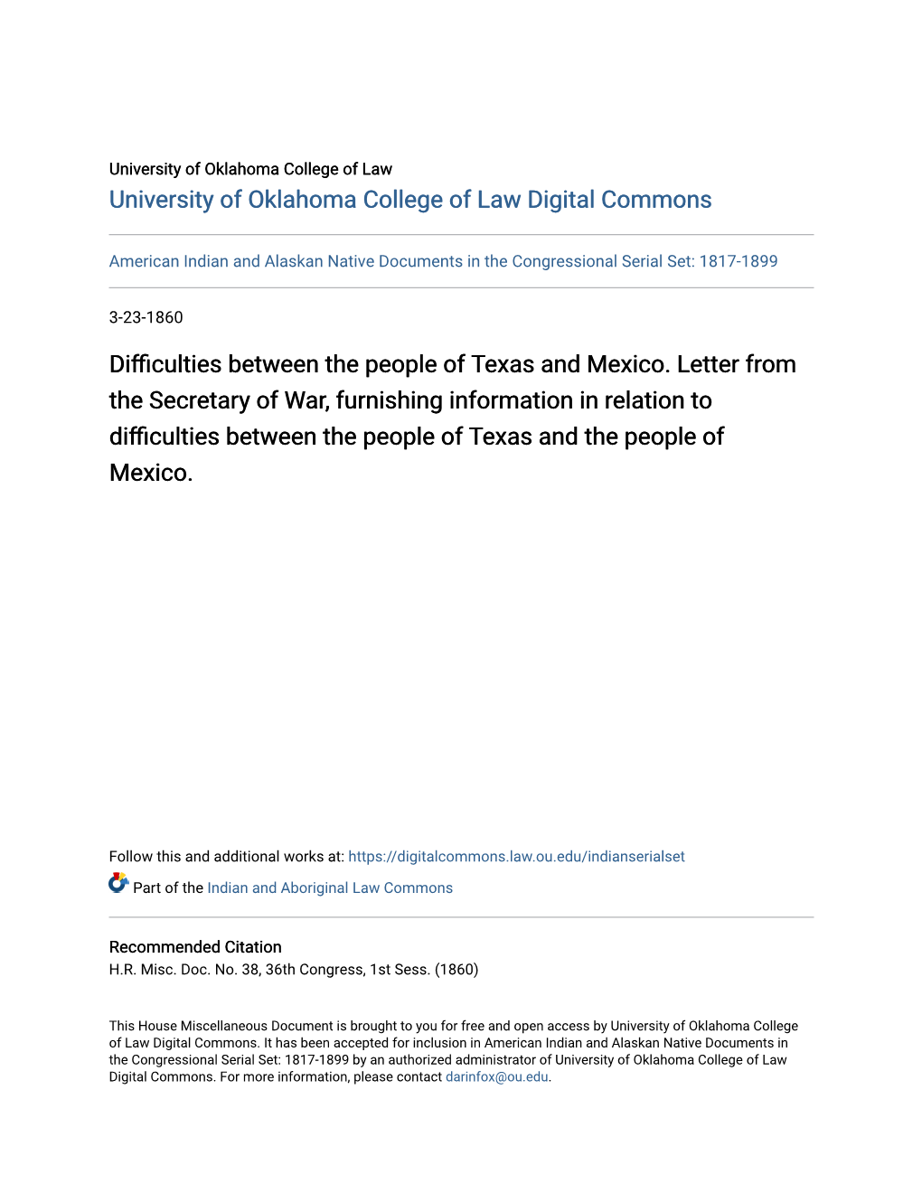 Difficulties Between the People of Texas and Mexico. Letter from the Secretary of War, Furnishing Information in Relation To