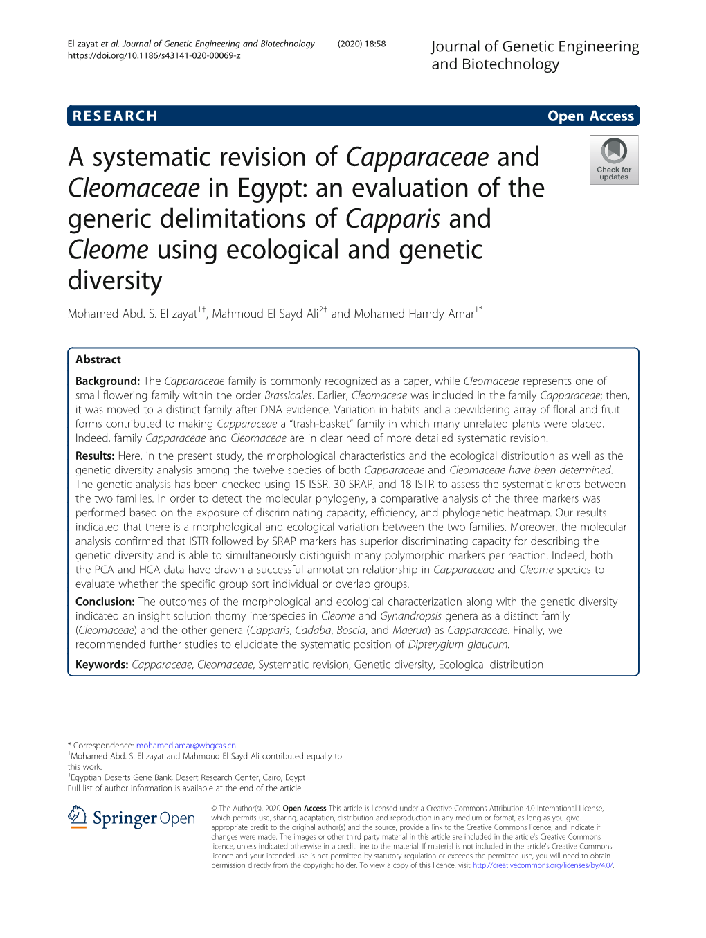 A Systematic Revision of Capparaceae and Cleomaceae in Egypt: An