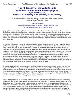 The Philosophy of the Vedanta in Its Relations to the Occidental Metaphysics by Dr
