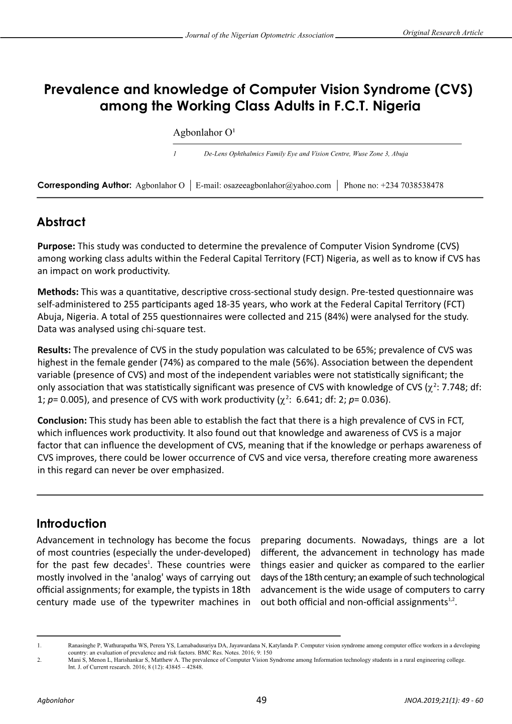 Prevalence and Knowledge of Computer Vision Syndrome (CVS) Among the Working Class Adults in F.C.T