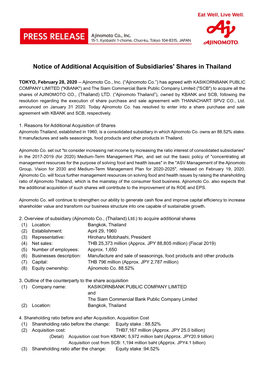 Notice of Additional Acquisition of Subsidiaries' Shares in Thailand
