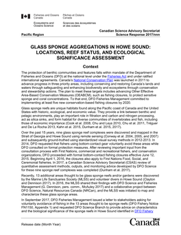 Glass Sponge Aggregations in Howe Sound: Locations, Reef Status, and Ecological Significance Assessment