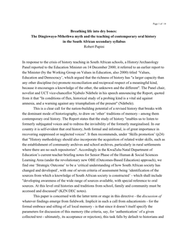 The Dingiswayo-Mthethwa Myth and the Teaching of Contemporary Oral History in the South African Secondary Syllabus Robert Papini